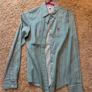 Ladies Cinch Teal Patterned Button Down Shirt